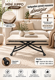 Mini Juppo Akıllı Sehpa – Traverten MDF Üst & Siyah İçe Kıvrım Metal Ayak