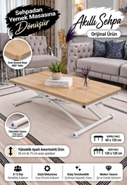 Juppo Akıllı Sehpa – SafirMeşe MDF Üst & Beyaz Dışa Kıvrım Metal Ayak