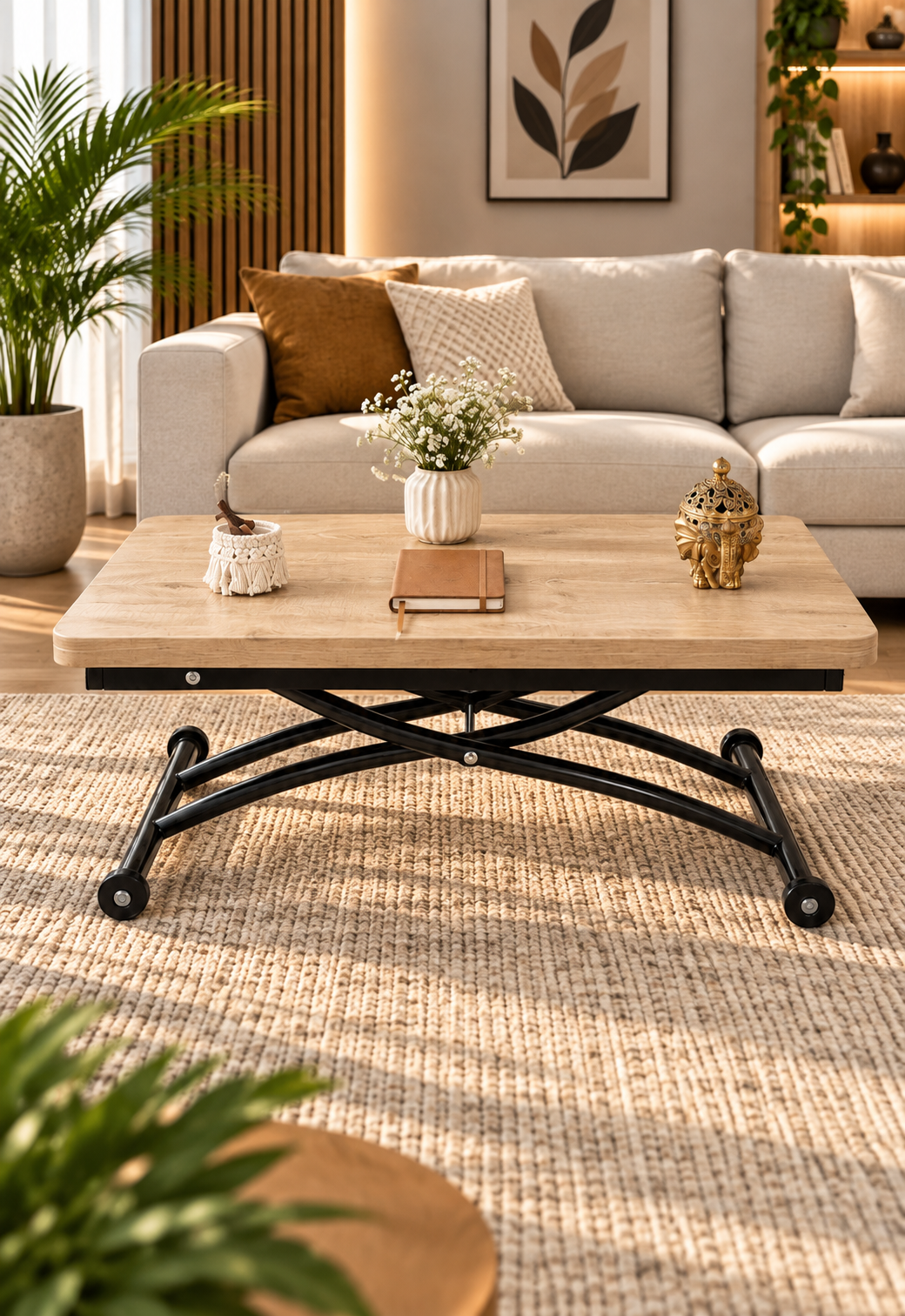 Mini Juppo Smart Coffee Table – Antique Light MDF Top & Black Outward Curved Metal Leg