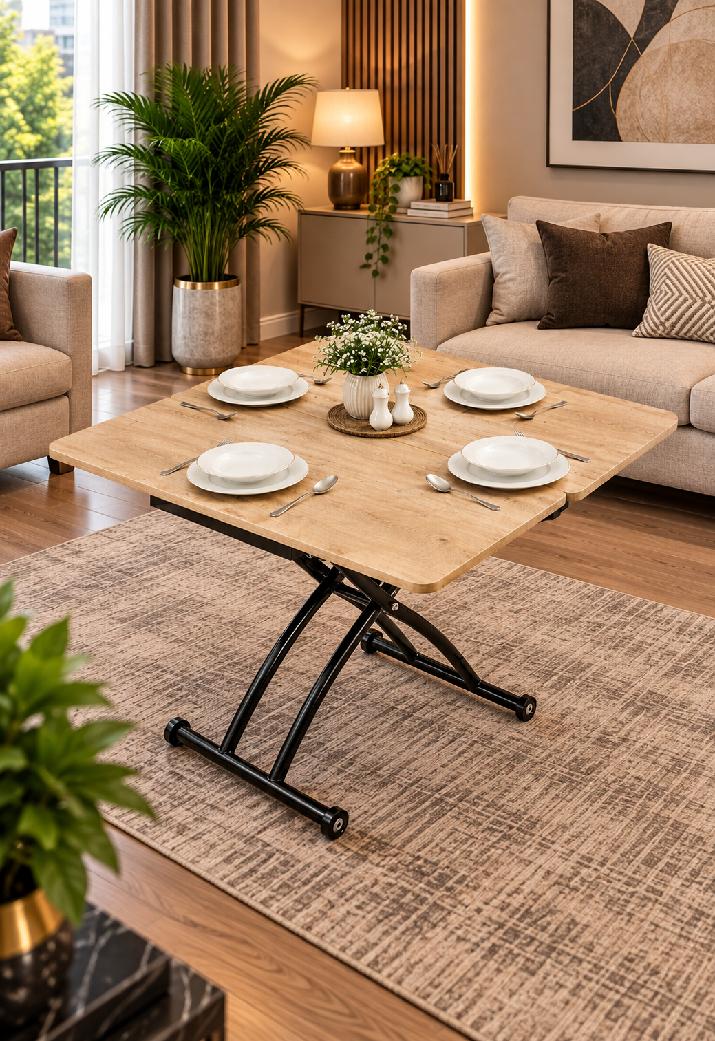Mini Juppo Smart Coffee Table – Antique Light MDF Top & Black Outward Curved Metal Leg