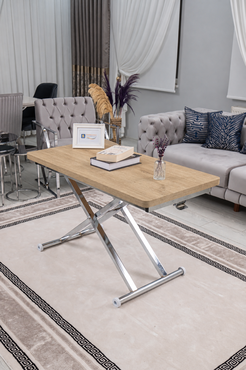 Home Akıllı Sehpa – SafirMeşe MDF Üst & Krom Kaplama Metal Ayak