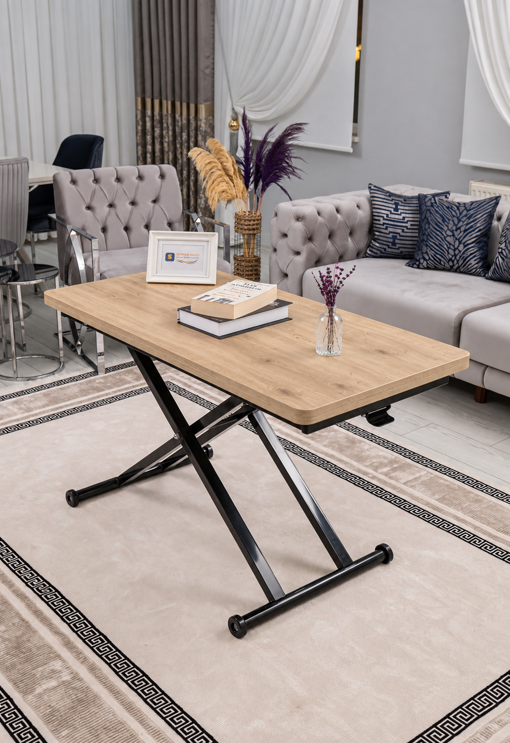 Home Smart Coffee Table – Antique Light MDF Top & Black Metal Legs