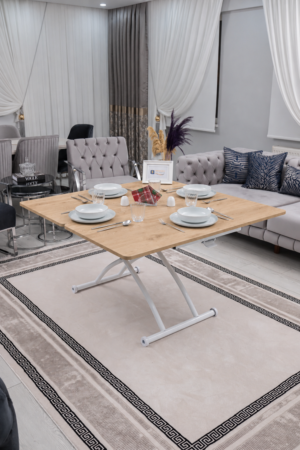Juppo Akıllı Sehpa – SafirMeşe MDF Üst & Beyaz Dışa Kıvrım Metal Ayak