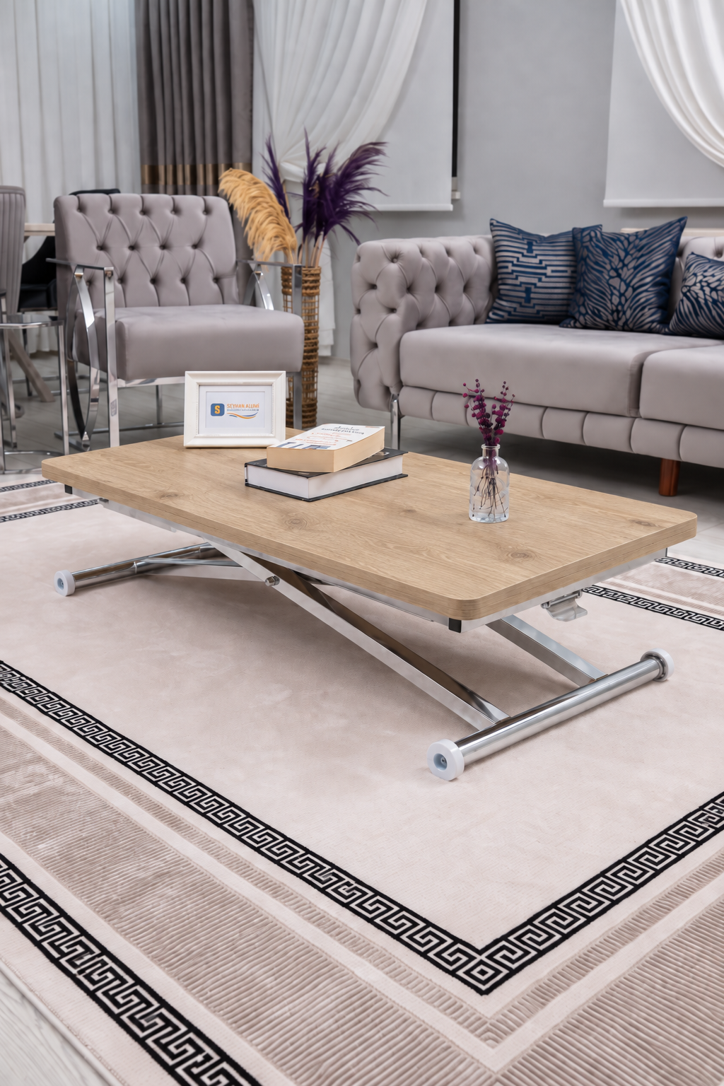 Home Akıllı Sehpa – SafirMeşe MDF Üst & Krom Kaplama Metal Ayak
