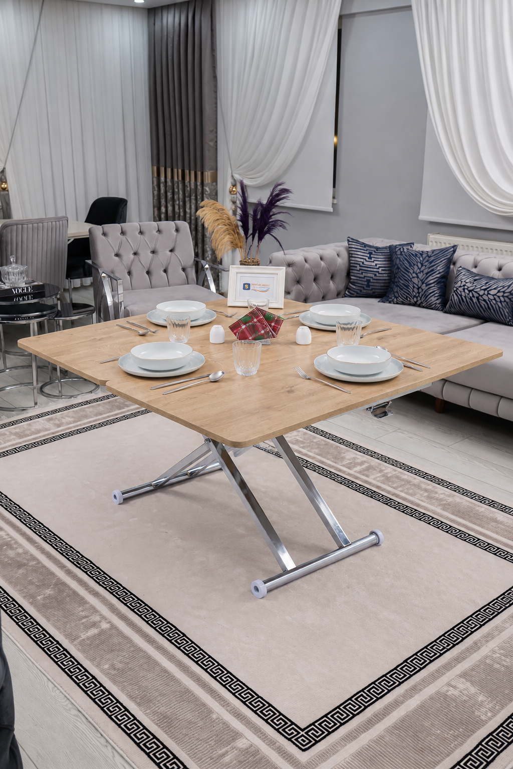 Home Akıllı Sehpa – SafirMeşe MDF Üst & Krom Kaplama Metal Ayak