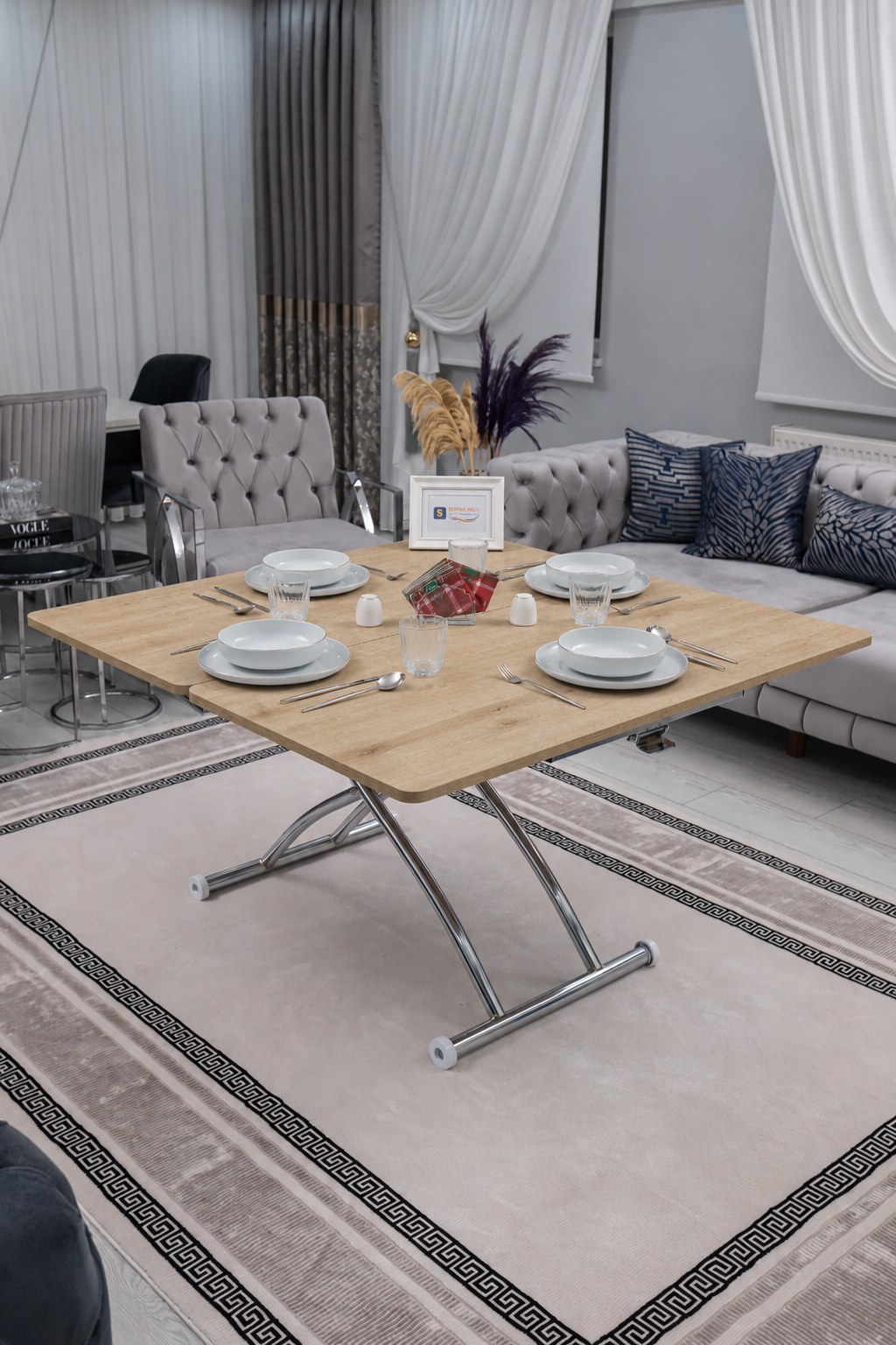 Juppo Akıllı Sehpa – SafirMeşe  MDF Üst & Krom Dışa Kıvrım Metal Ayak