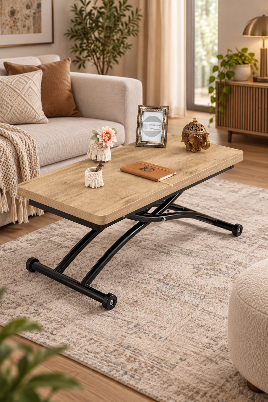 Mini Juppo Smart Coffee Table – Antique Light MDF Top & Black Outward Curved Metal Leg