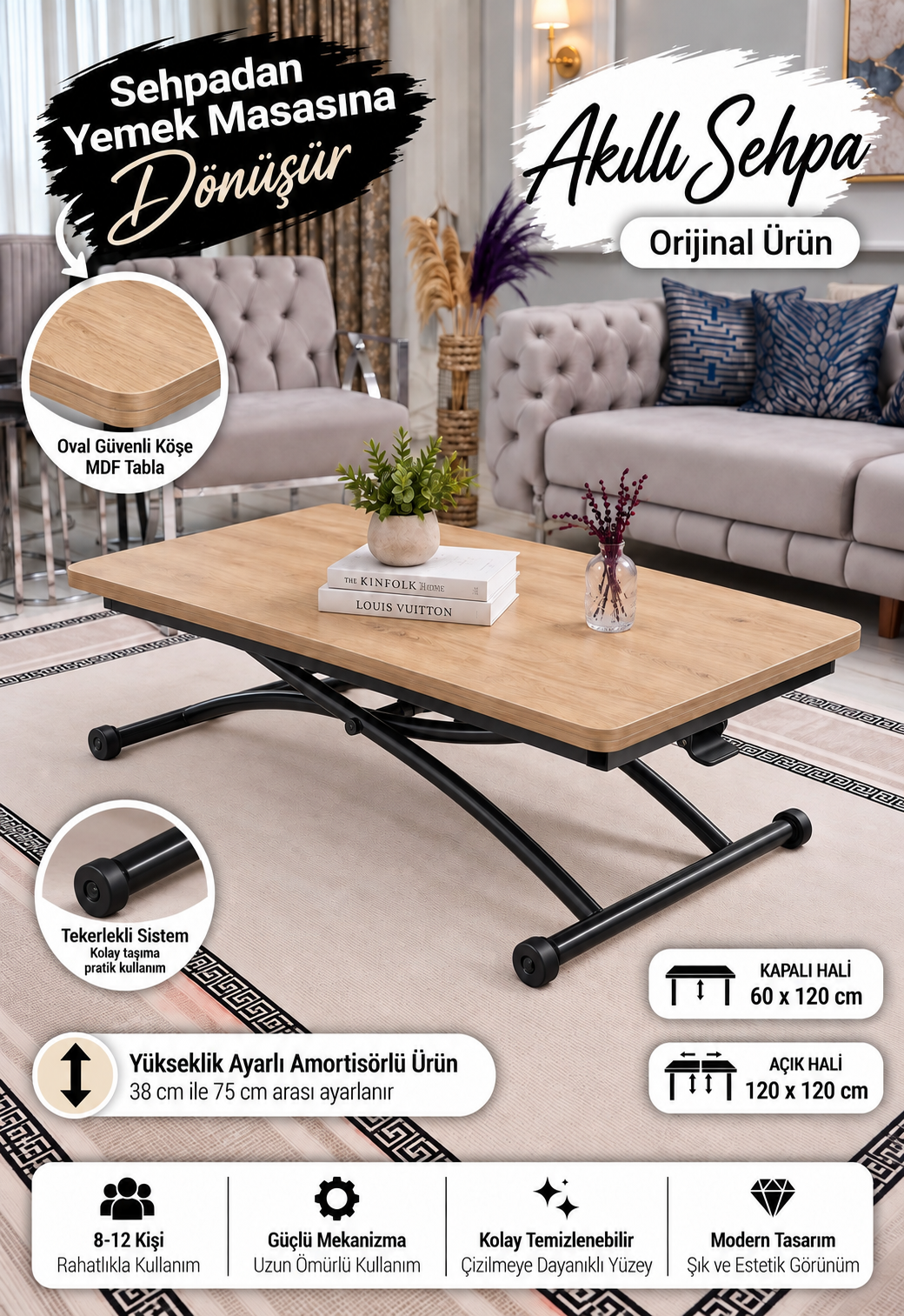 Juppo Akıllı Sehpa – SafirMeşe MDF Üst & Siyah Dışa Kıvrım Metal Ayak