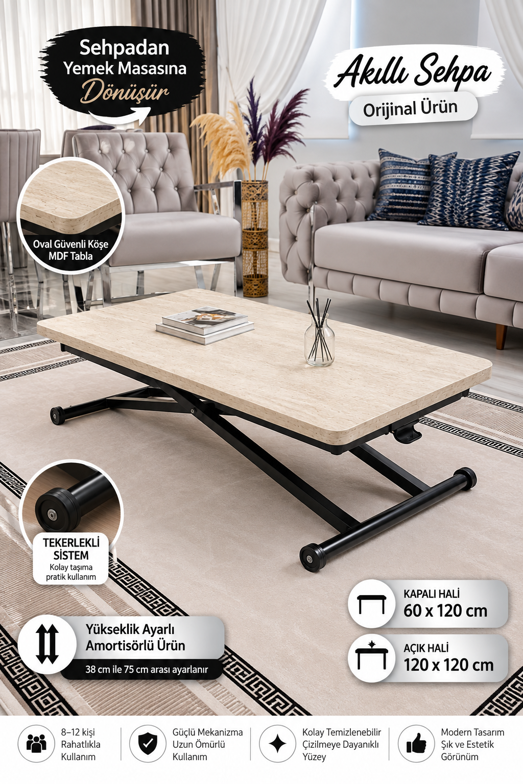 Home Akıllı Sehpa – Traverten MDF Üst & Siyah Metal Ayak