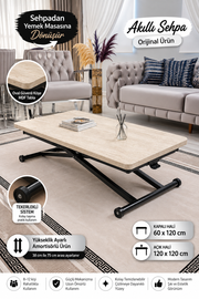 Home Akıllı Sehpa – Traverten MDF Üst & Siyah Metal Ayak