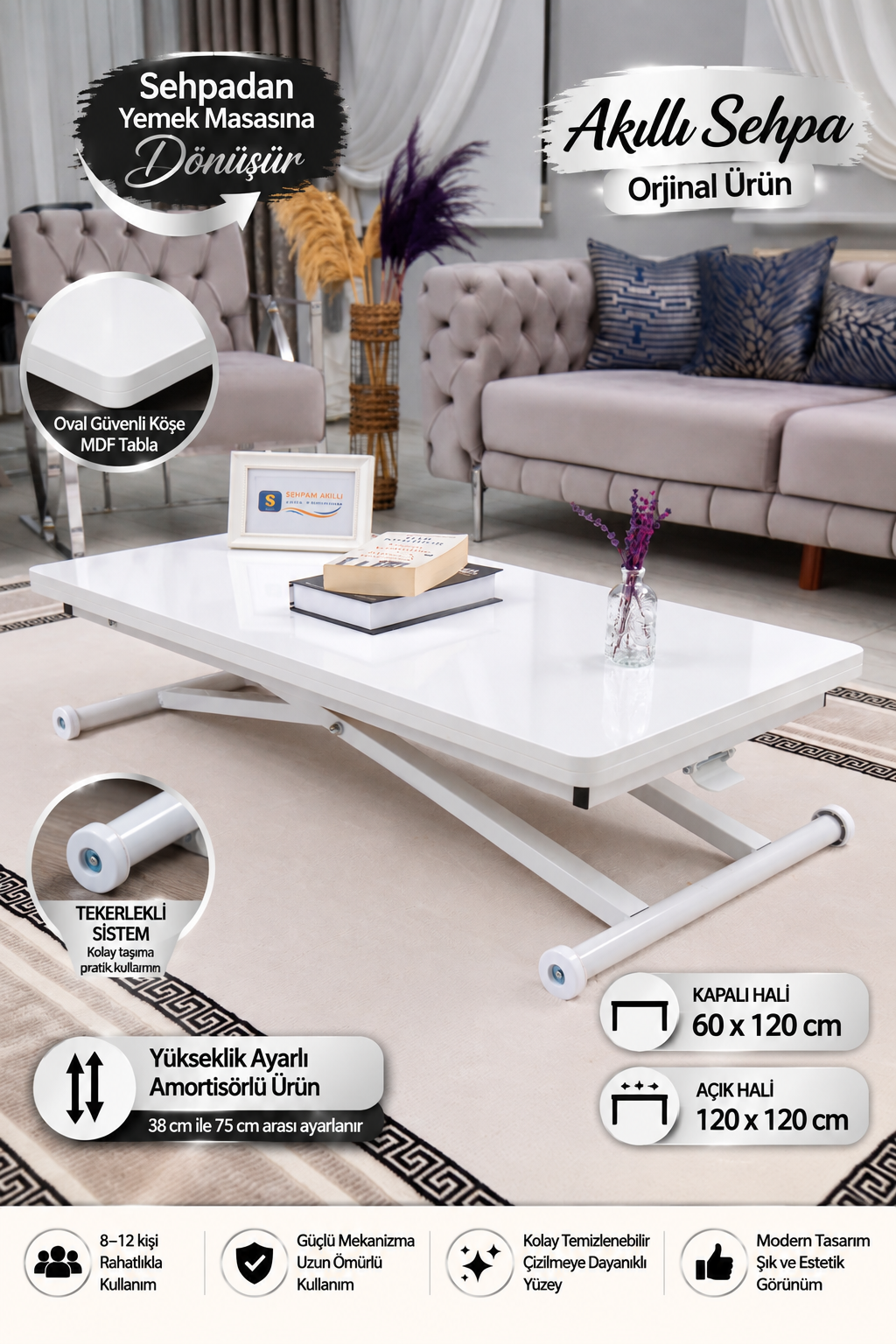 Home Akıllı Sehpa – Beyaz MDF Üst & Beyaz Metal Ayak