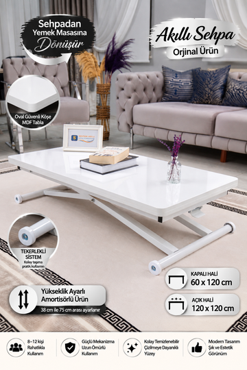 Home Akıllı Sehpa – Beyaz MDF Üst & Beyaz Metal Ayak