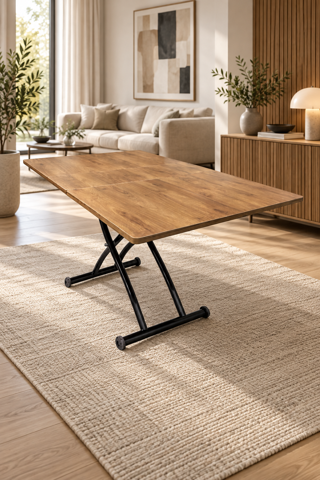 Center-Opening Square Smart Table | Walnut MDF & Black