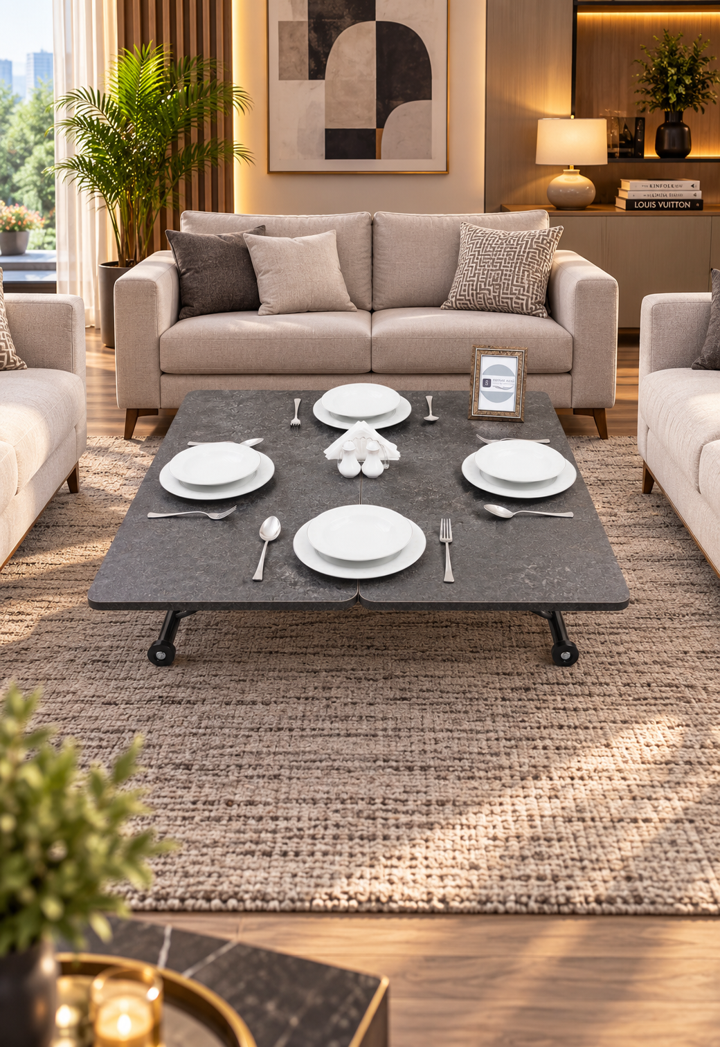 Mini Juppo Smart Coffee Table – Routered Anthracite MDF Top & Black Outward Curving Metal Leg