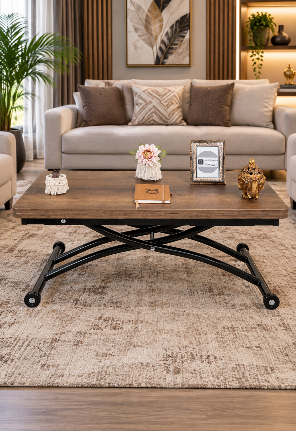 Mini Juppo Smart Coffee Table – Antique Light MDF Top & Black Outward Curved Metal Leg
