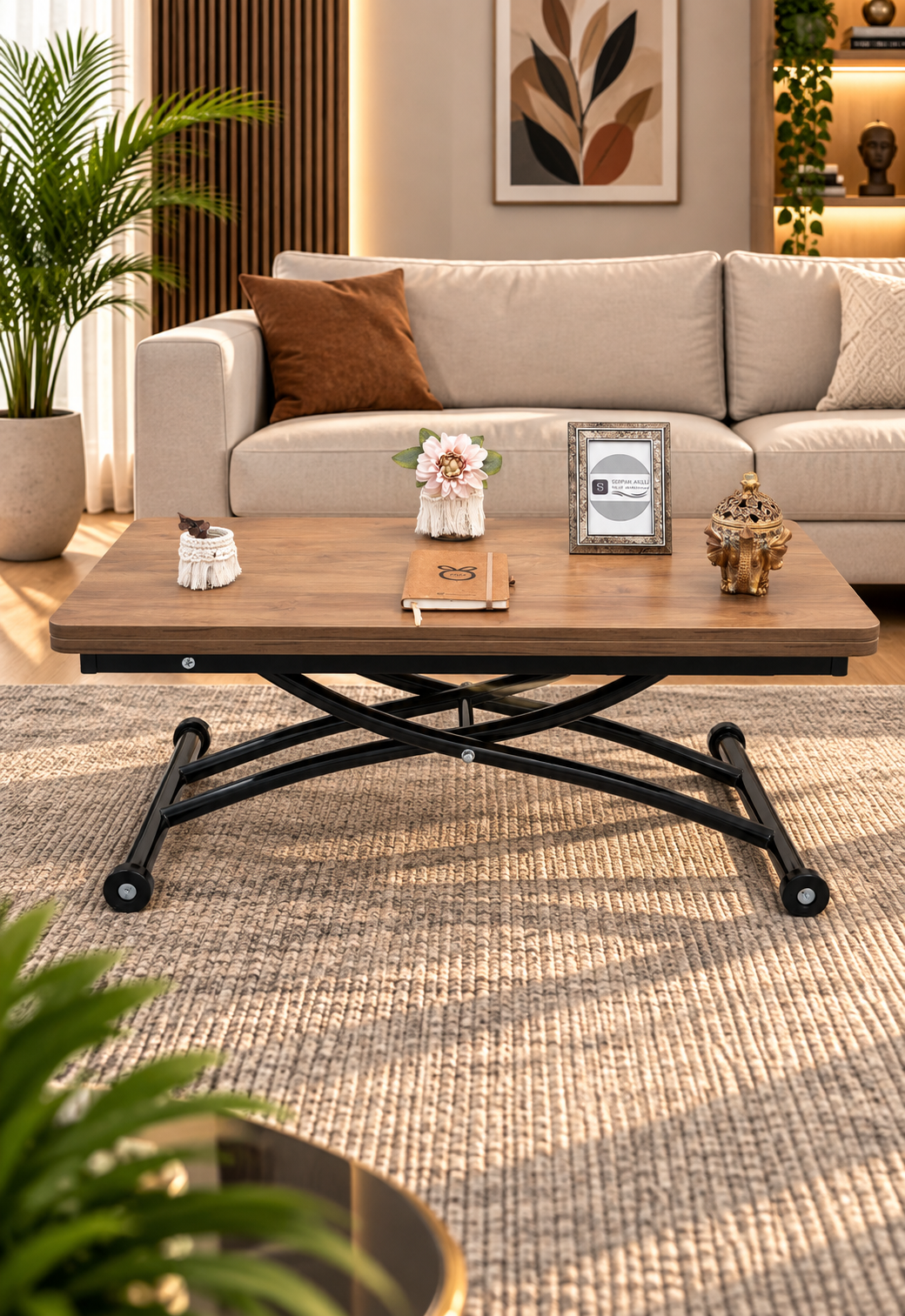 Mini Juppo Smart Coffee Table – Walnut MDF Top & Black Outward Curved Metal Leg