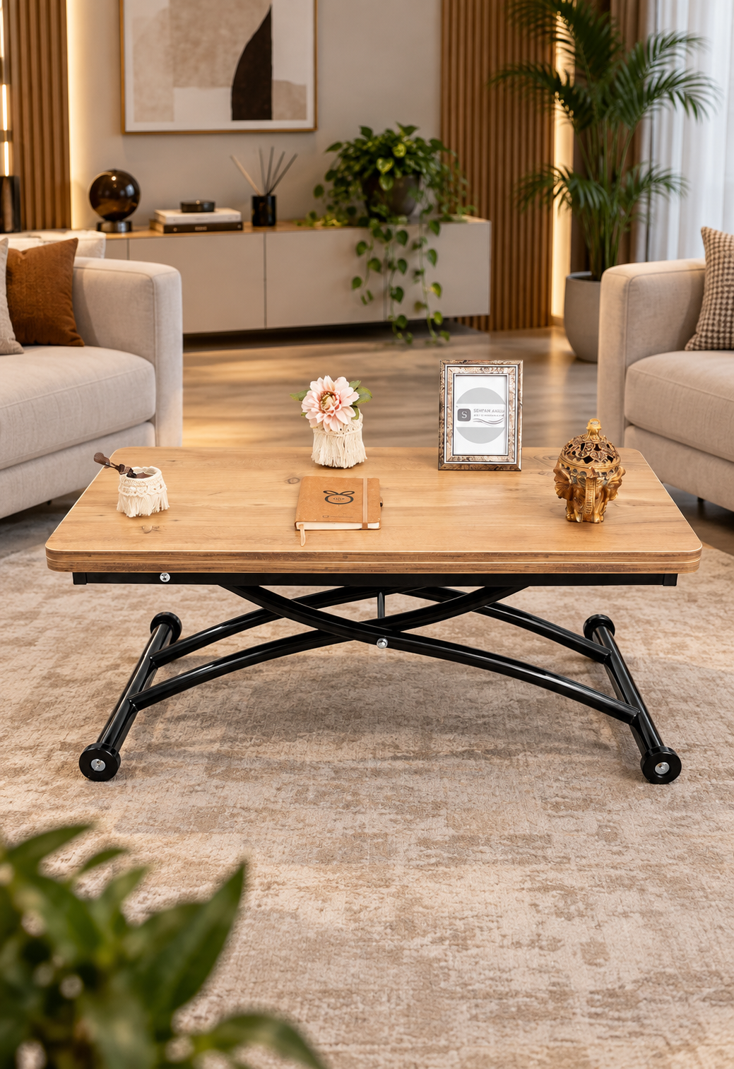 Mini Juppo Smart Coffee Table – EfesCam MDF Top & Black Outward-Curving Metal Legs