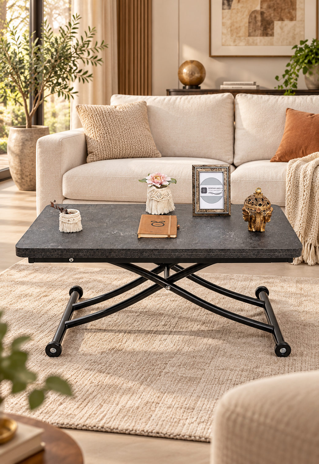 Mini Juppo Smart Coffee Table – Grooved Anthracite MDF Top & Black Metal Legs