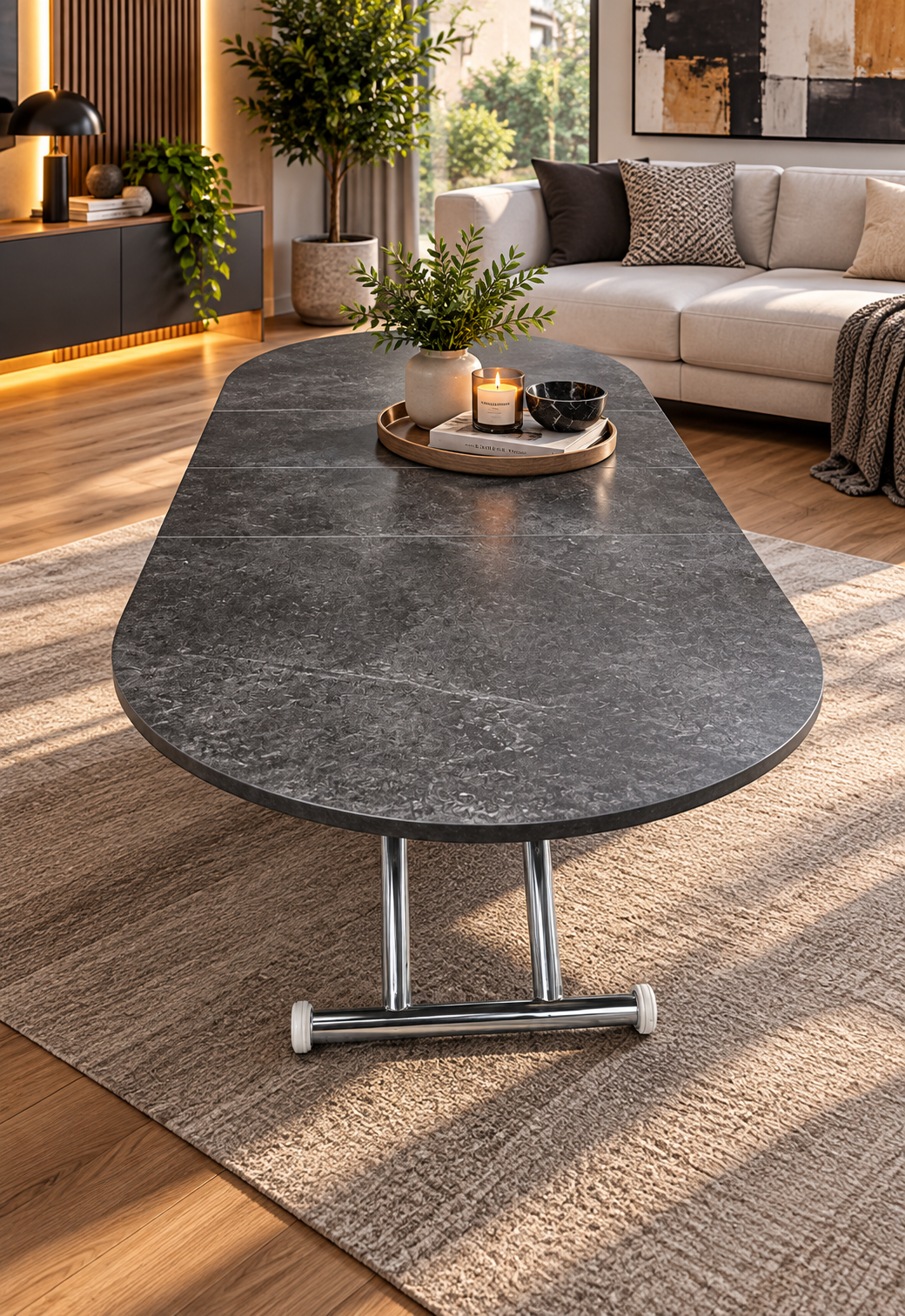 Extendable Oval Smart Table | Routered Anthracite MDF & Chrome