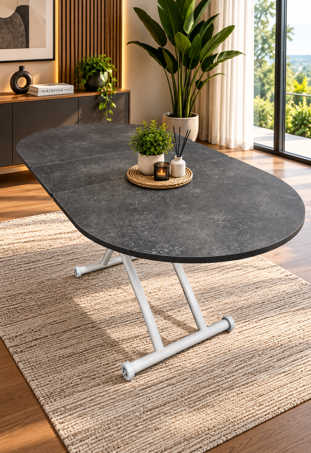 Extendable Oval Smart Table | Routered Anthracite MDF & White