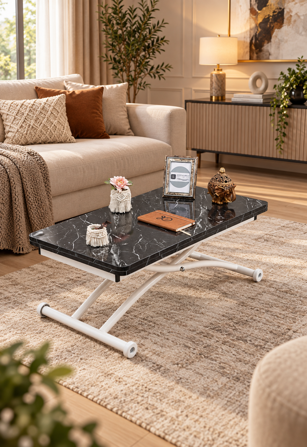Mini Juppo Smart Coffee Table - Black Marble MDF Top & White Outward-Curved Metal Leg