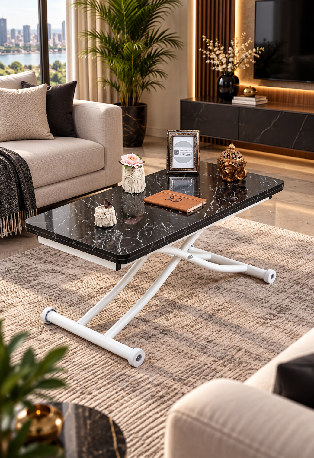 Mini Juppo Smart Coffee Table – Black Marble MDF Top & White Metal Leg