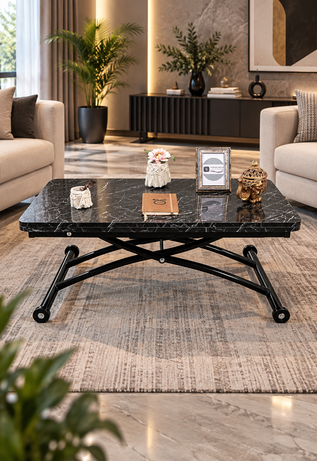 Mini Juppo Smart Side Table – Black Marble MDF Top & Black Outward-Curved Metal Leg