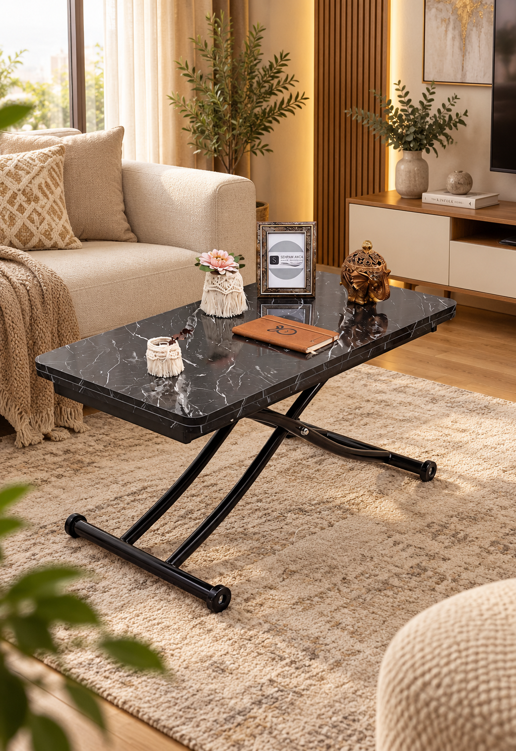 Mini Juppo Smart Coffee Table – Black Marble MDF Top & Black Metal Leg