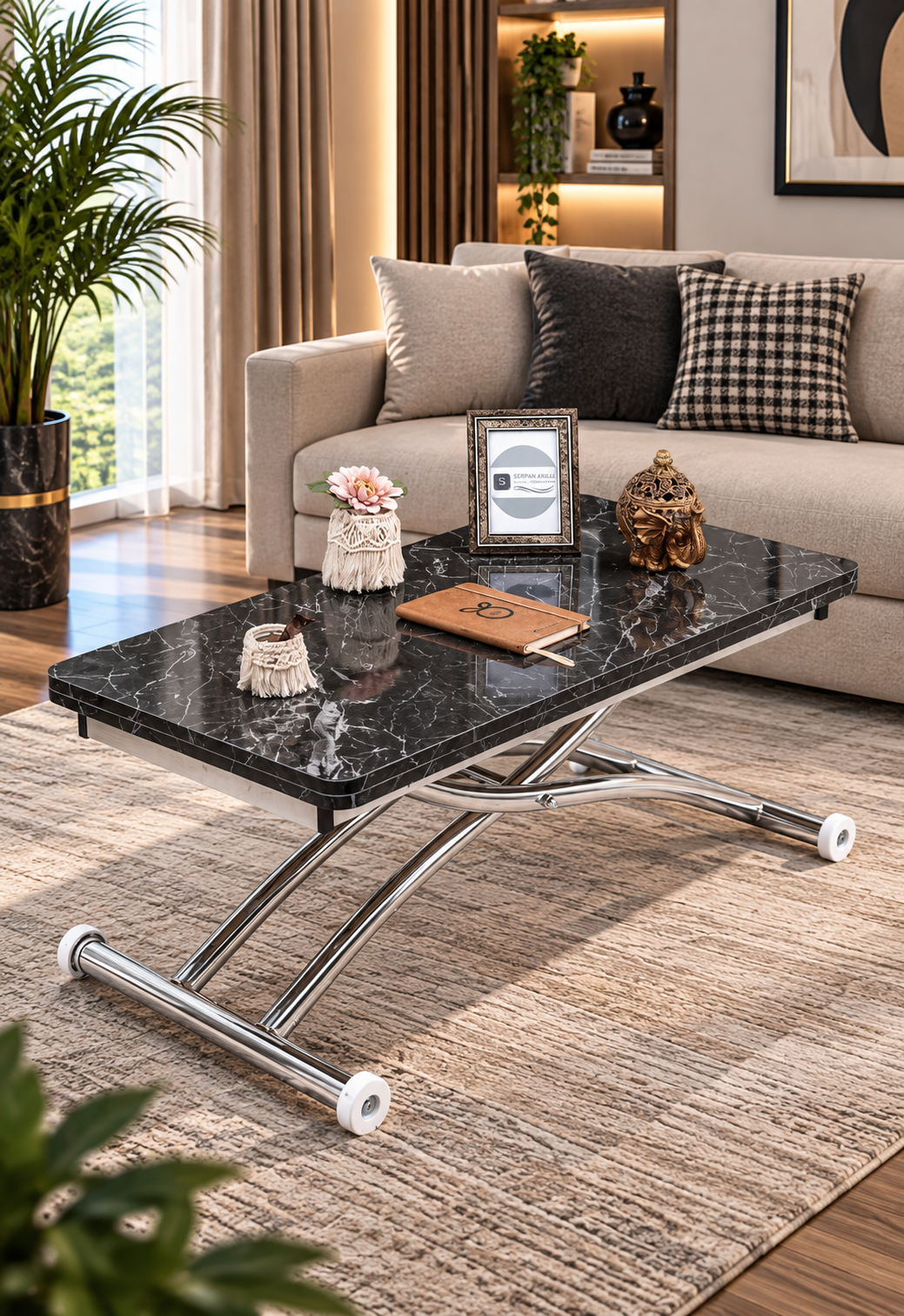 Mini Juppo Smart Coffee Table – Black Marble MDF Top & Chrome Outward Curled Metal Legs