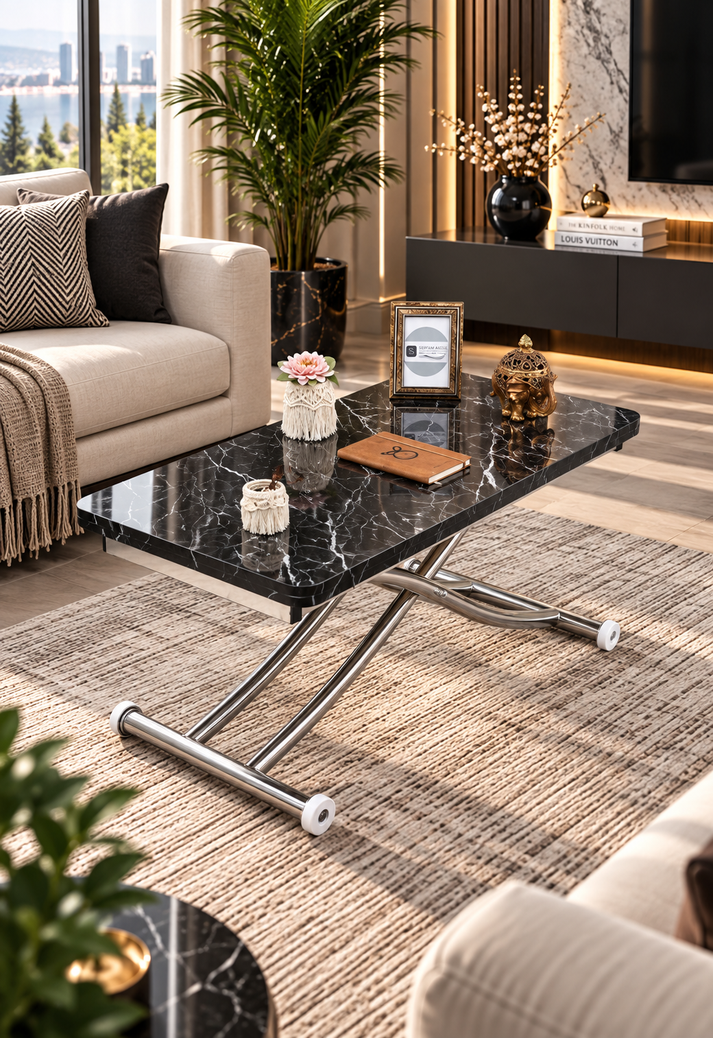 Mini Juppo Smart Side Table – Black Marble MDF Top & Chrome Plated Metal Legs