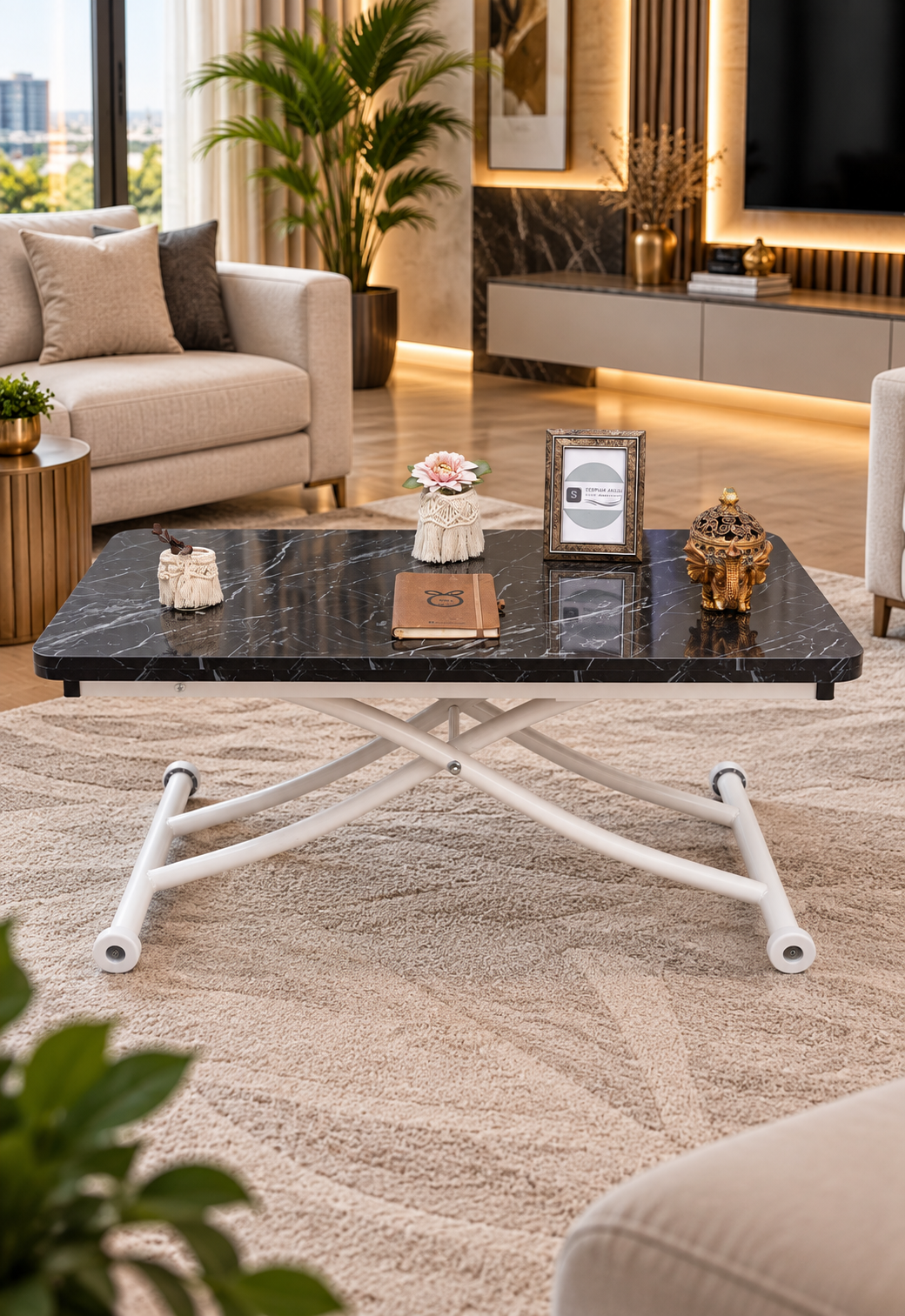 Mini Juppo Smart Coffee Table – Black Marble MDF Top & White Metal Leg
