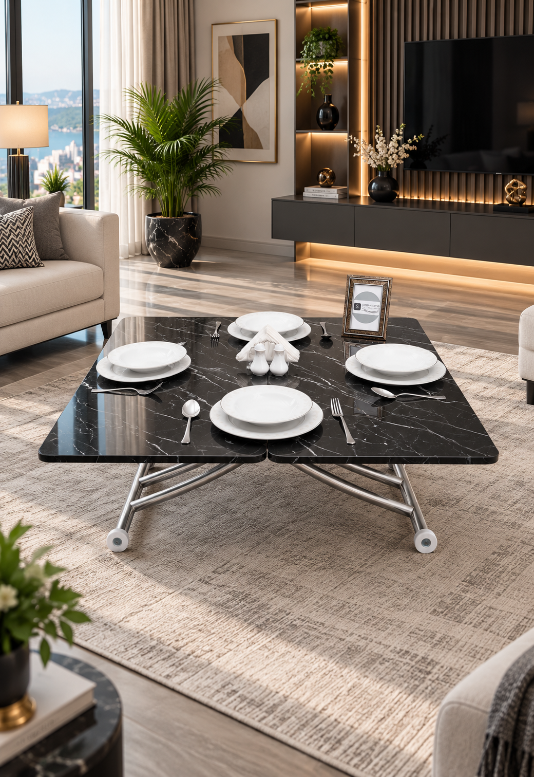 Mini Juppo Smart Side Table – Black Marble MDF Top & Chrome Plated Metal Legs