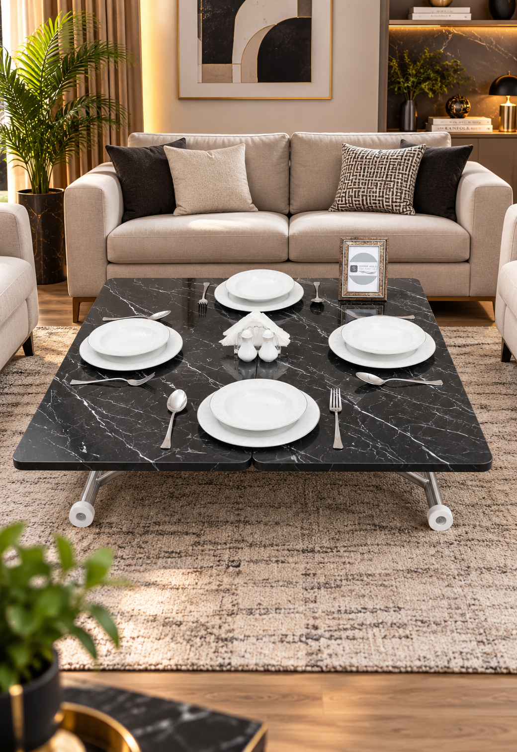 Mini Juppo Smart Coffee Table – Black Marble MDF Top & Chrome Outward Curled Metal Legs