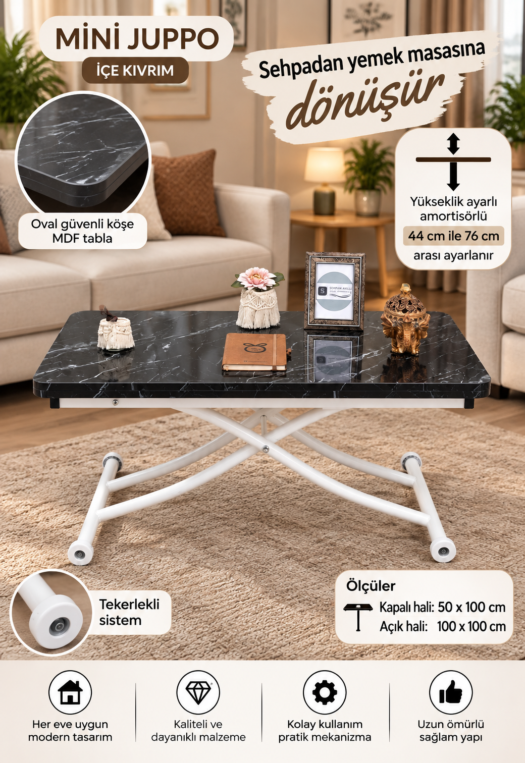 Mini Juppo Smart Coffee Table – Black Marble MDF Top & White Metal Leg