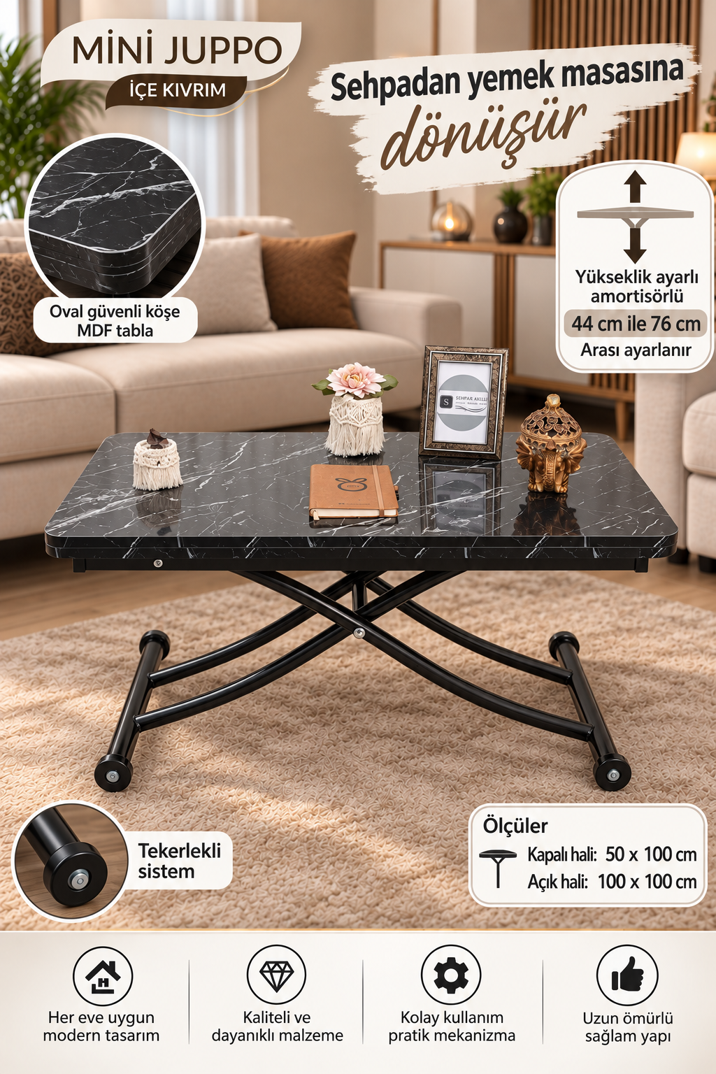 Mini Juppo Smart Coffee Table – Black Marble MDF Top & Black Metal Leg