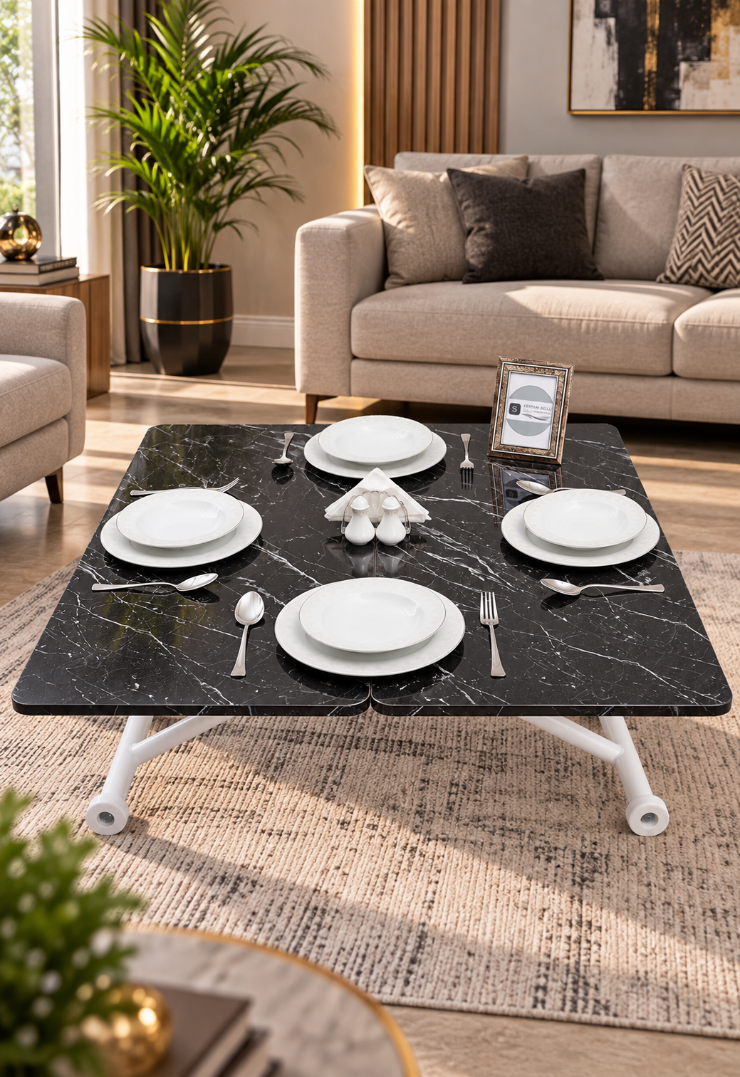 Mini Juppo Smart Coffee Table - Black Marble MDF Top & White Outward-Curved Metal Leg