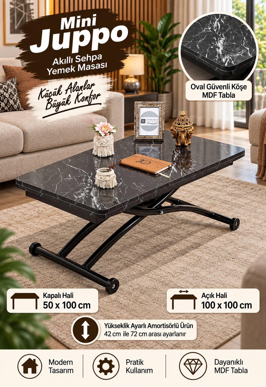 Mini Juppo Smart Side Table – Black Marble MDF Top & Black Outward-Curved Metal Leg