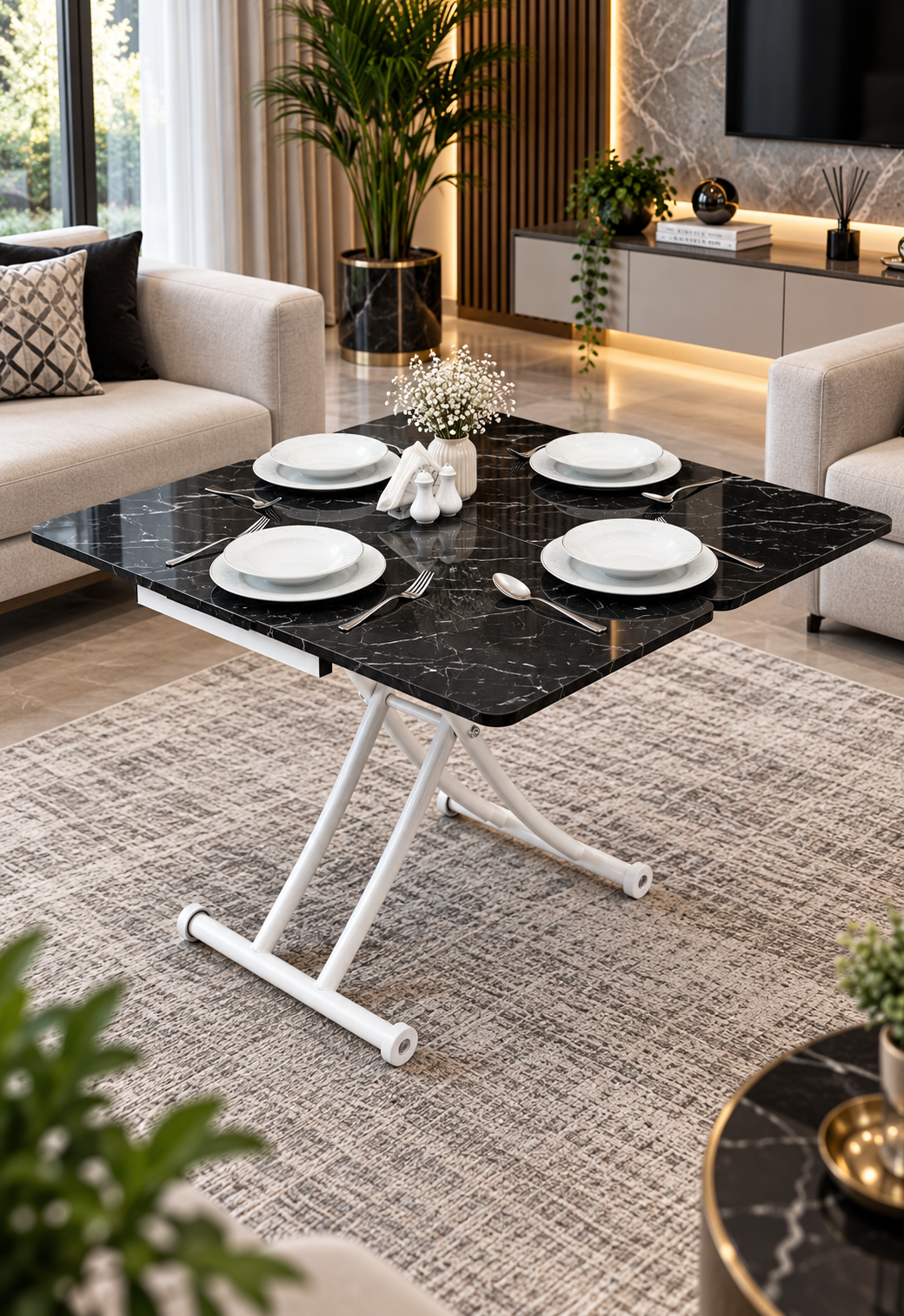 Mini Juppo Smart Coffee Table – Black Marble MDF Top & White Metal Leg