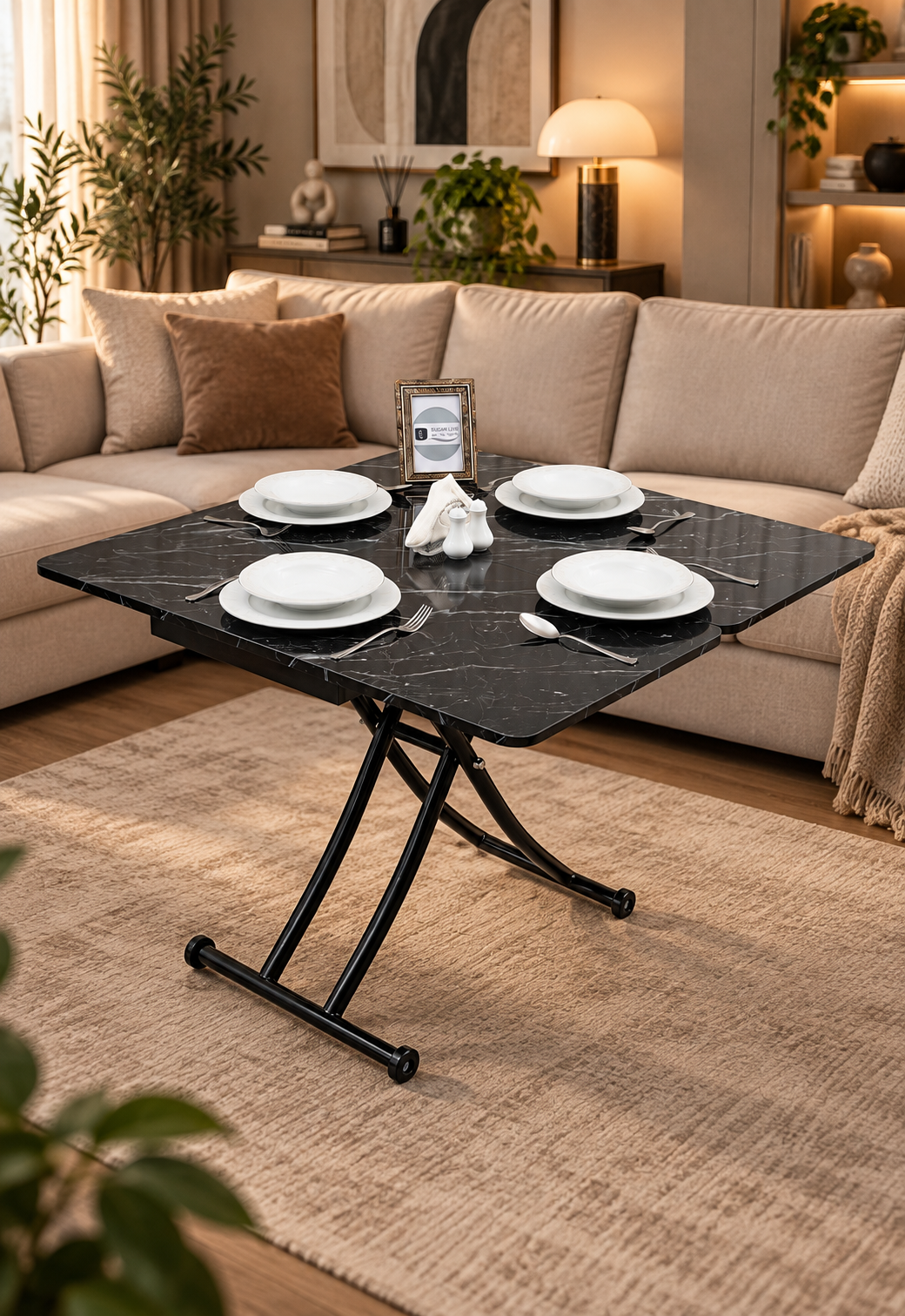 Mini Juppo Smart Coffee Table – Black Marble MDF Top & Black Metal Leg