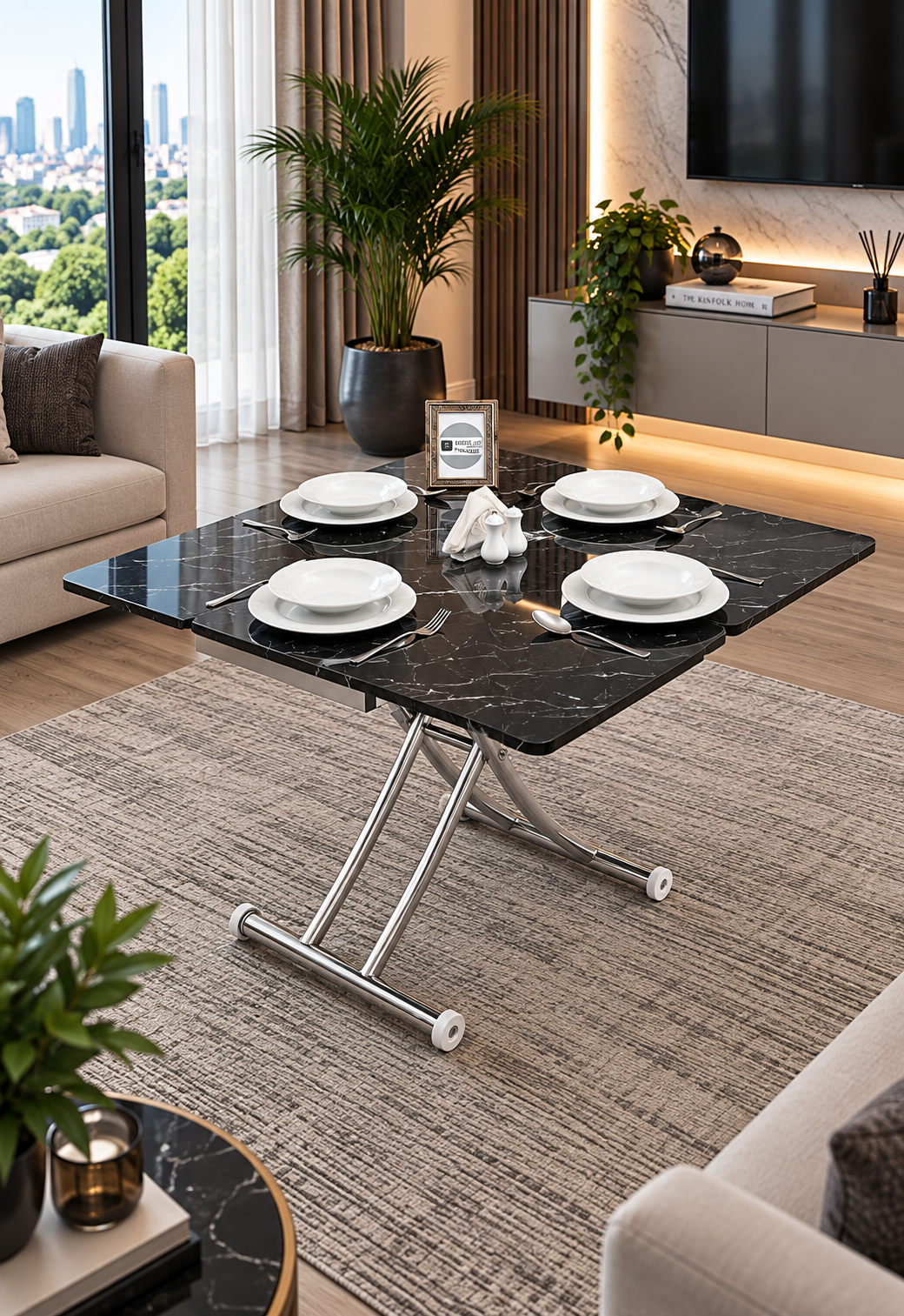 Mini Juppo Smart Side Table – Black Marble MDF Top & Chrome Plated Metal Legs