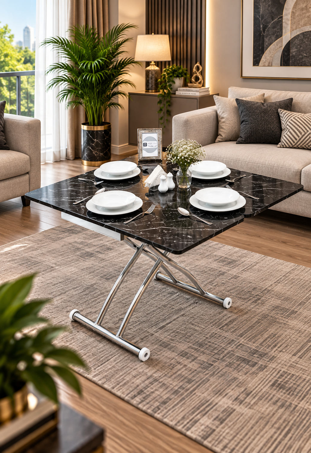 Mini Juppo Smart Coffee Table – Black Marble MDF Top & Chrome Outward Curled Metal Legs