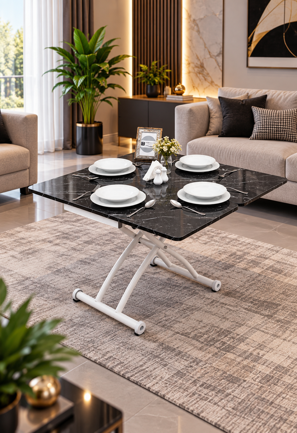 Mini Juppo Smart Coffee Table - Black Marble MDF Top & White Outward-Curved Metal Leg