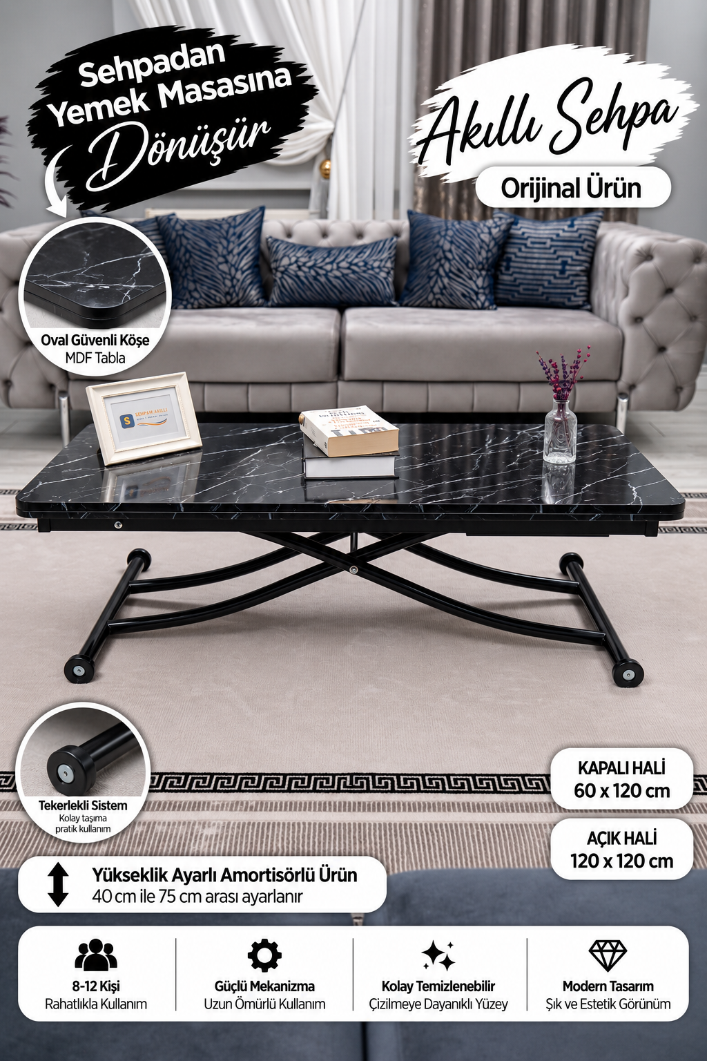 Juppo Smart Coffee Table – Black Marble MDF Top & Black Metal Leg