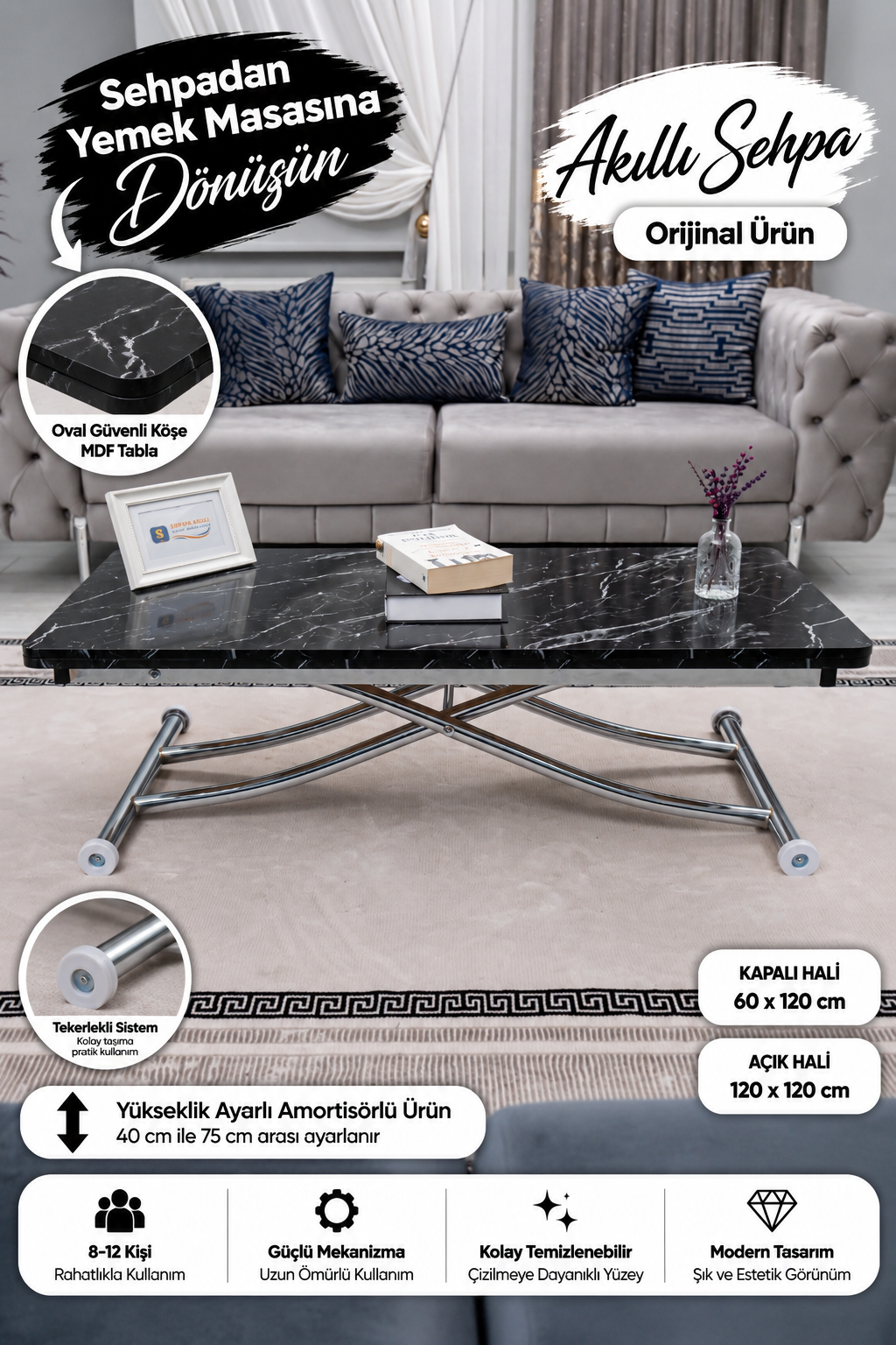 Juppo Smart Coffee Table – Black Marble MDF Top & Chrome Metal Leg