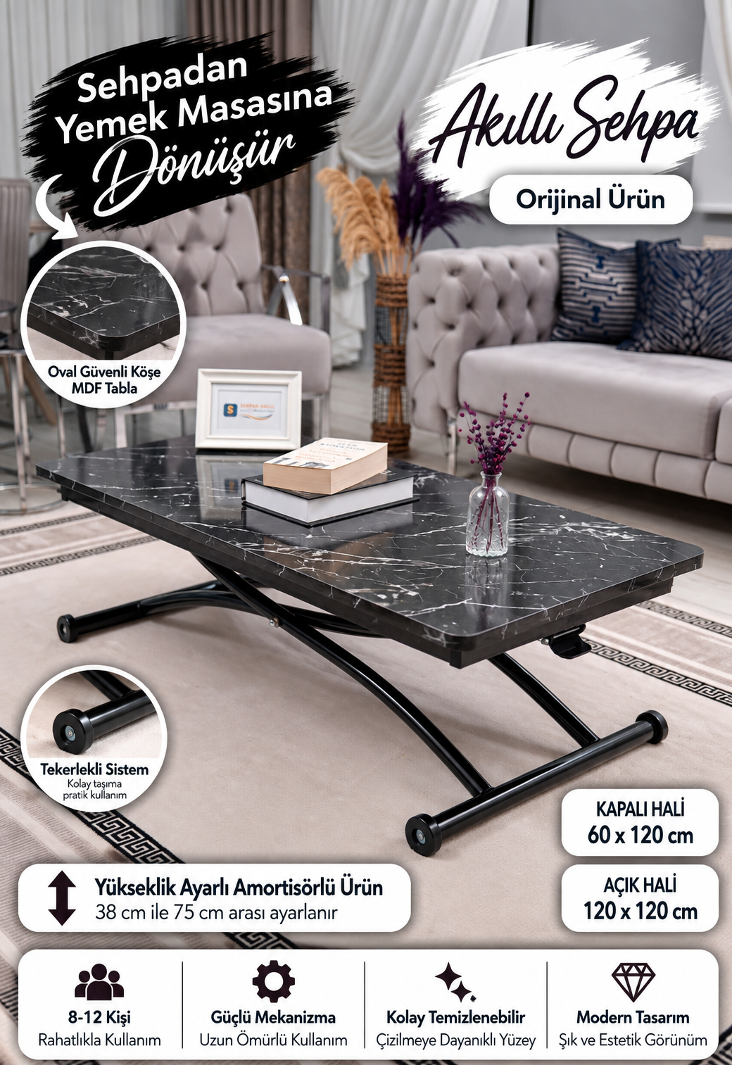 Juppo Smart Coffee Table – Black Marble MDF Top & Black Outward Curved Metal Leg