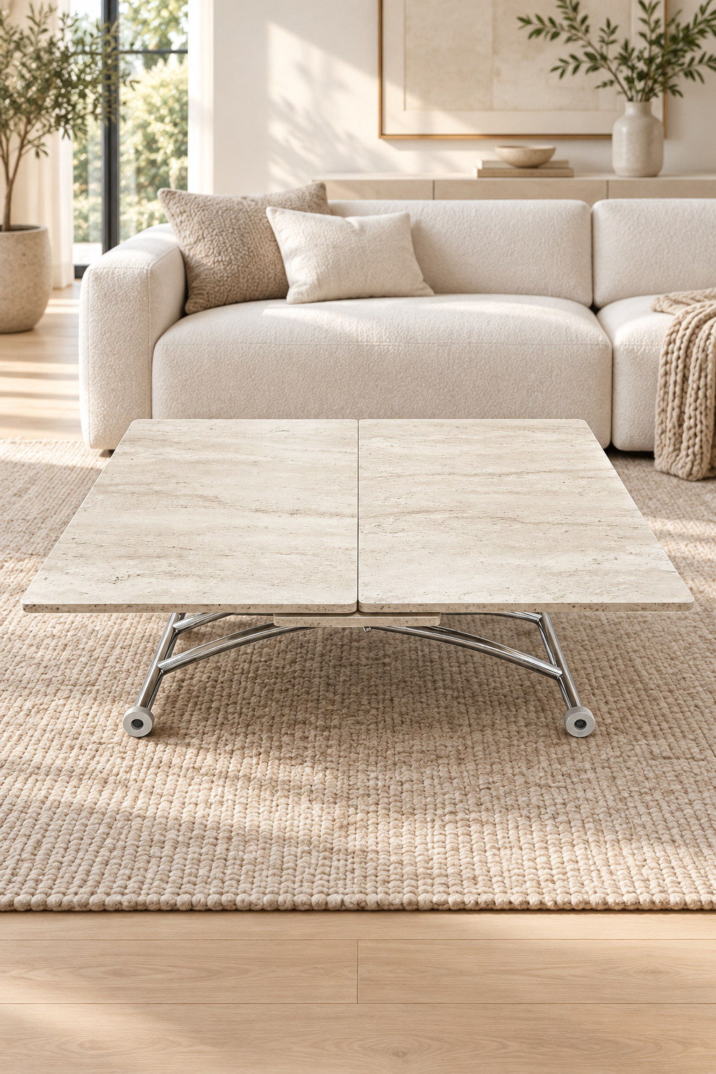 Expanding Square Smart Table | Travertine MDF & Chrome