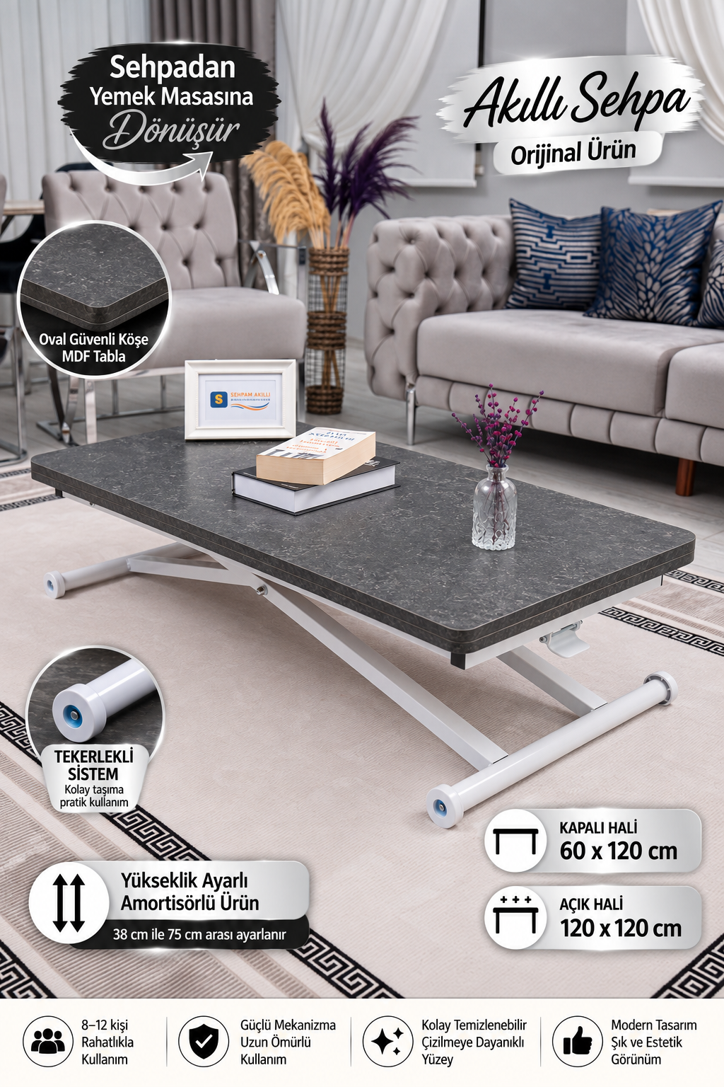 Home Smart Coffee Table – Grooved Anthracite MDF Top & White Metal Legs