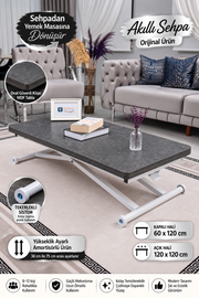 Home Akıllı Sehpa – Frezeli Antrasit MDF Üst & Beyaz Metal Ayak