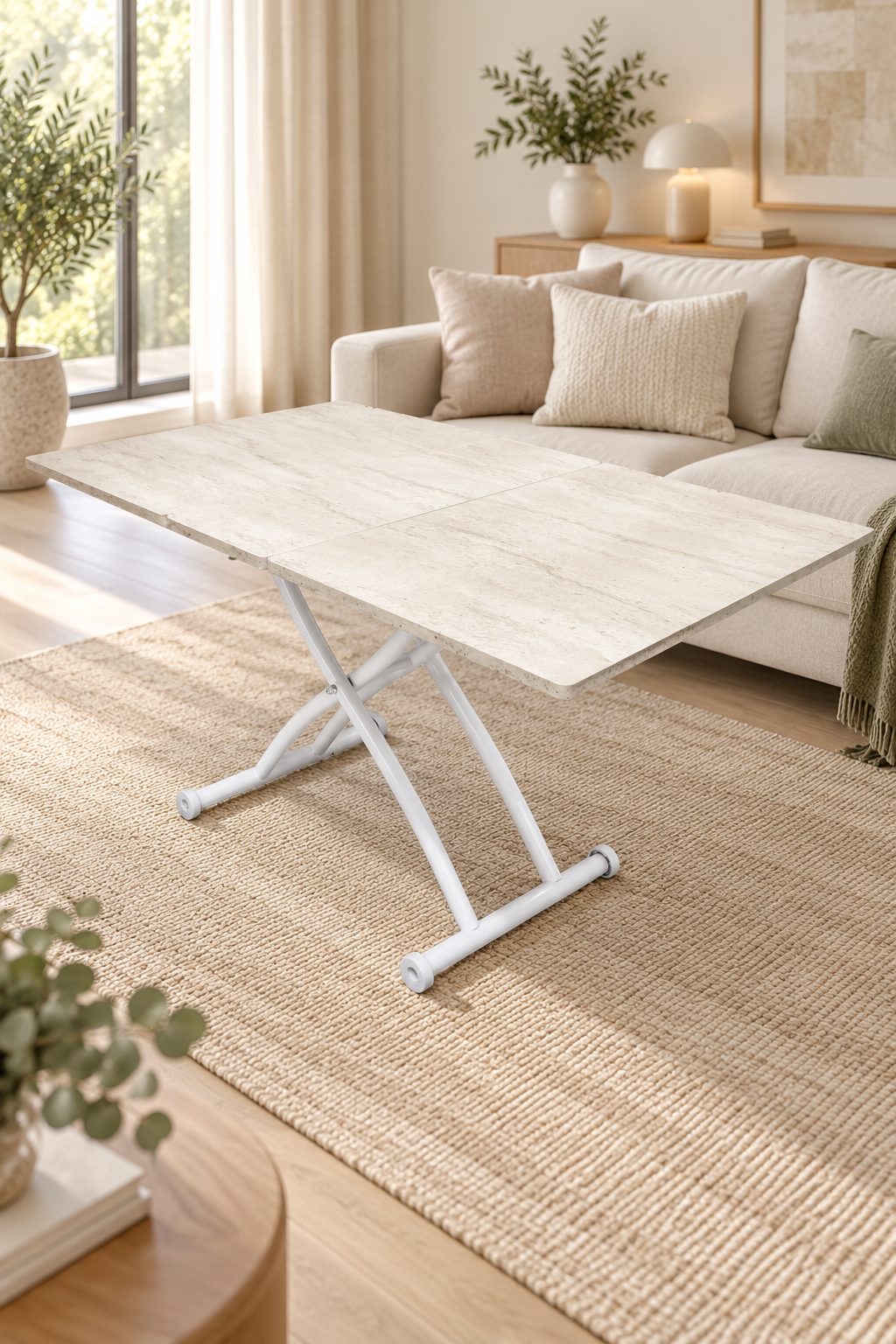 Expandable Square Smart Table | Travertine MDF & White
