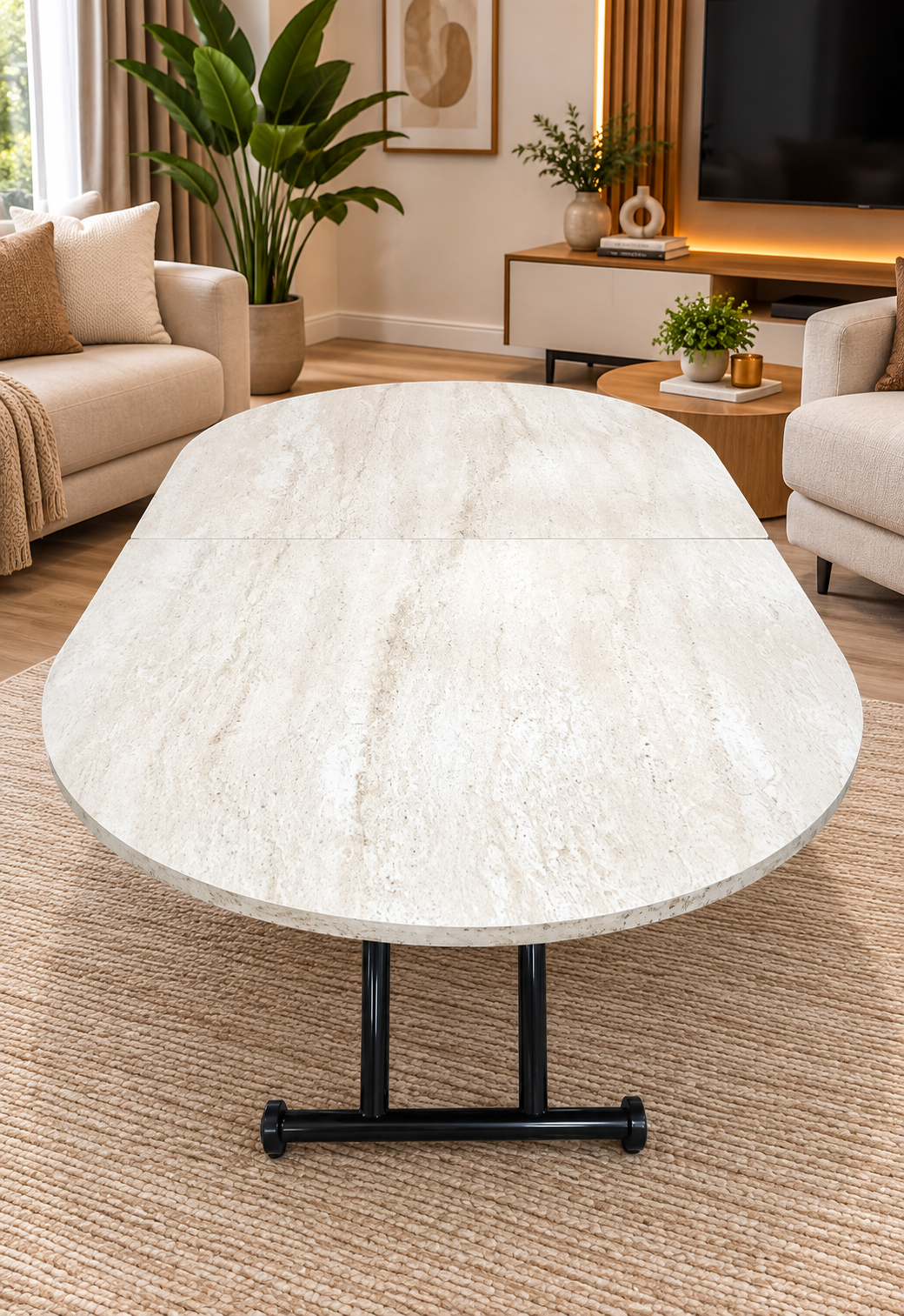 Oval Extendable Smart Table | Travertine MDF & Black